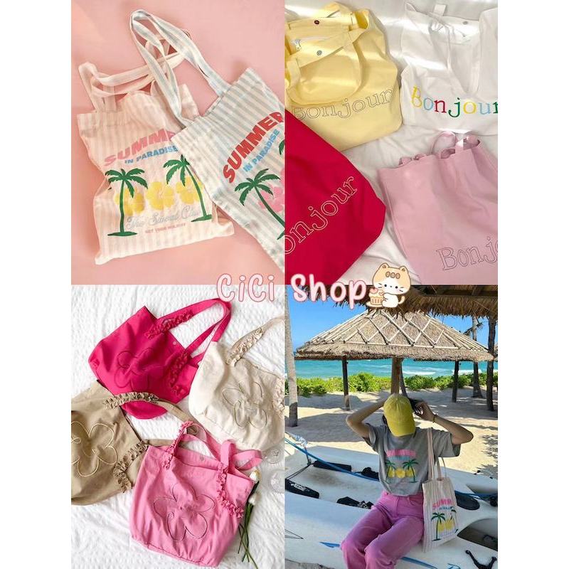 Cicishop(SALE 901/902/904)กระเป๋าผ้าสะพายข้าง ลายมินิมอล สดใส เหมาะกับsummerมาก