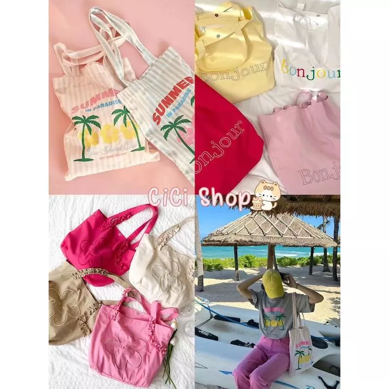 Cicishop(SALE 901/902/904)กระเป๋าผ้าสะพายข้าง ลายมินิมอล สดใส เหมาะกับsummerมาก