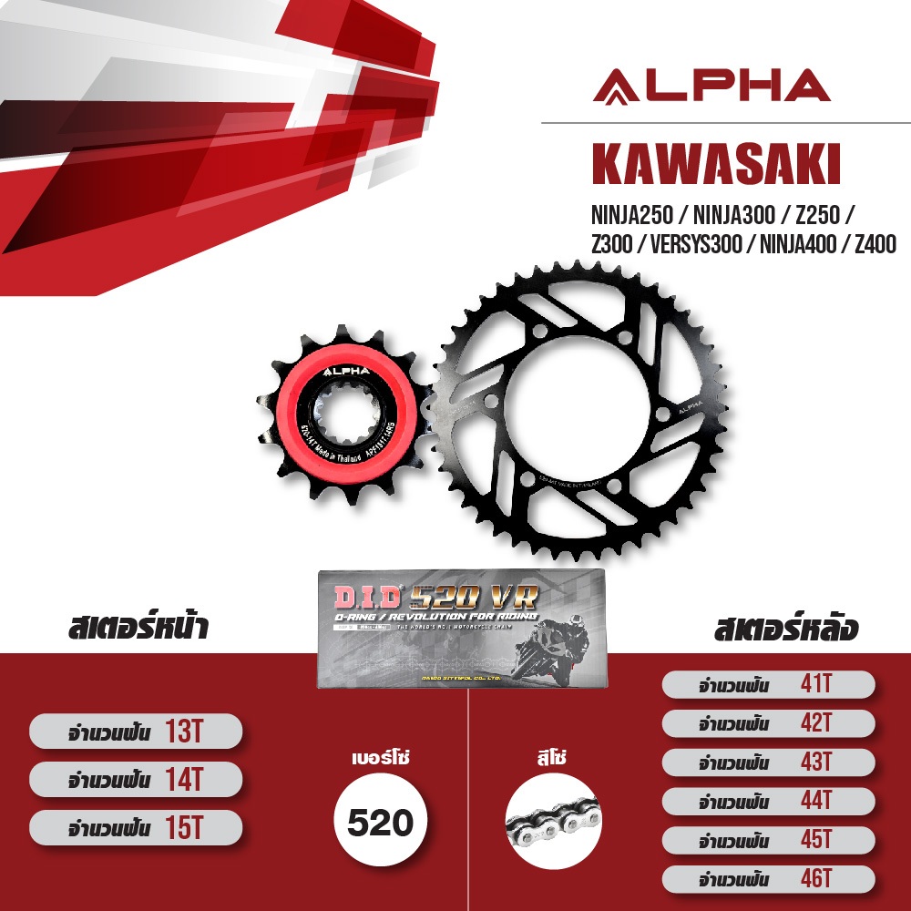 ชุดโซ่สเตอร์ ALPHA เปลี่ยน Kawasaki Ninja250 / Ninja300 / Z250 / Z300 / Versys300 / Ninja400 / Z400 โซ่ D.I.D VR สีเหล็ก