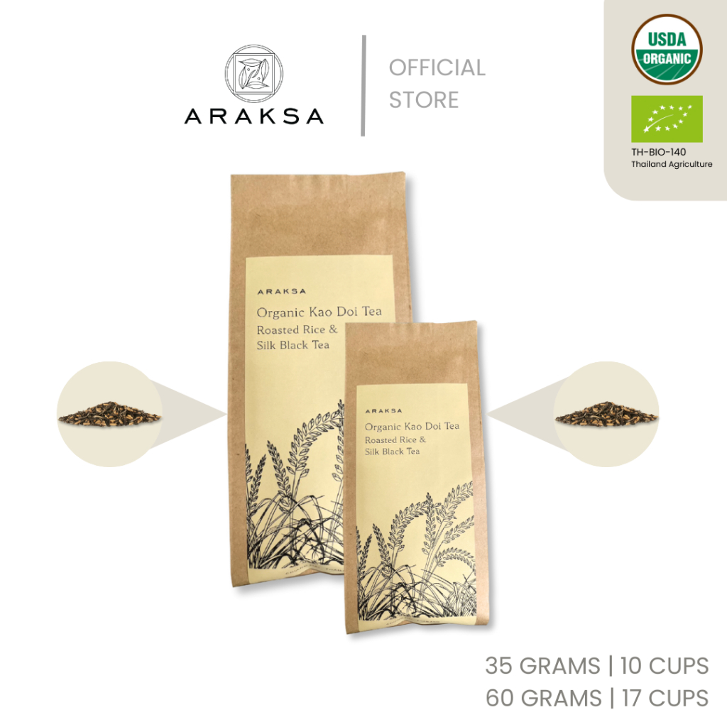 ARAKSA ชาดาร์คอูหลงผสมข้าวคั่วออร์แกนิค บรรจุถุงคราฟต์  | ARAKSA Kao Doi Blended Tea in Bag | USDA &