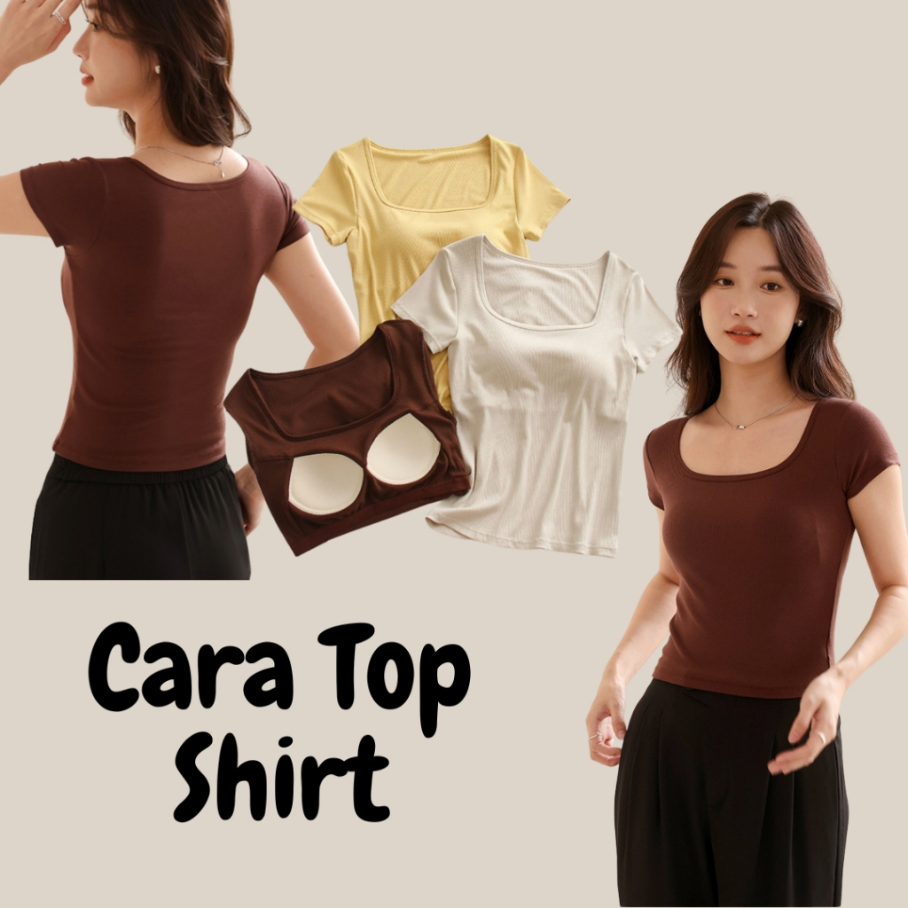 Cara Top Shirt เสื้อยืด คอรูปตัวยู แขนสั้น มีซัพฟองน้ำ 2in1 มีบราในตัว