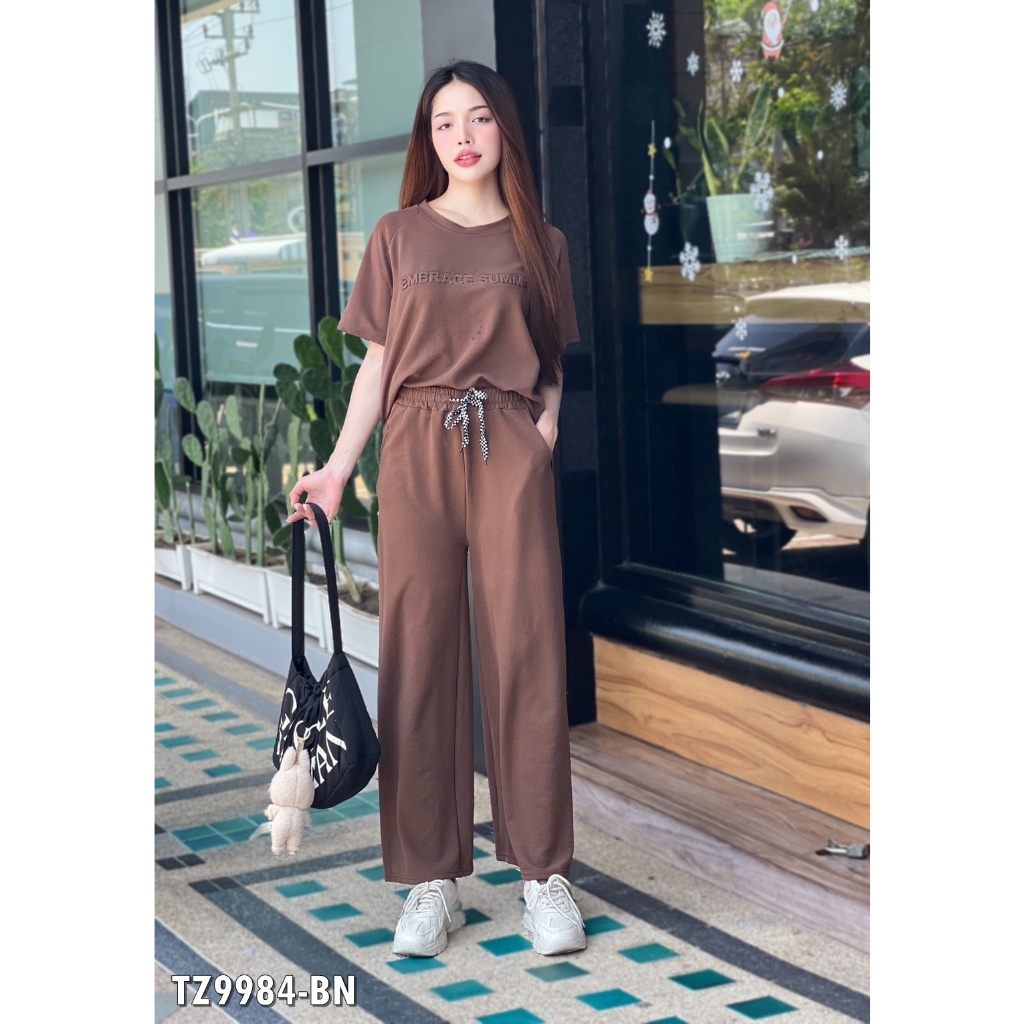 6 colors ชุดเซ็ท ผู้หญิง เสื้อ+กางเกงขายาว ไซส์ใหญ่ เสื้อยืดปักลายตัวอักษรนูน แฟชั่นผู้หญิงสไตล์เกาหลี เสื้อยืดลายTZ9984 - รูปที่ 5