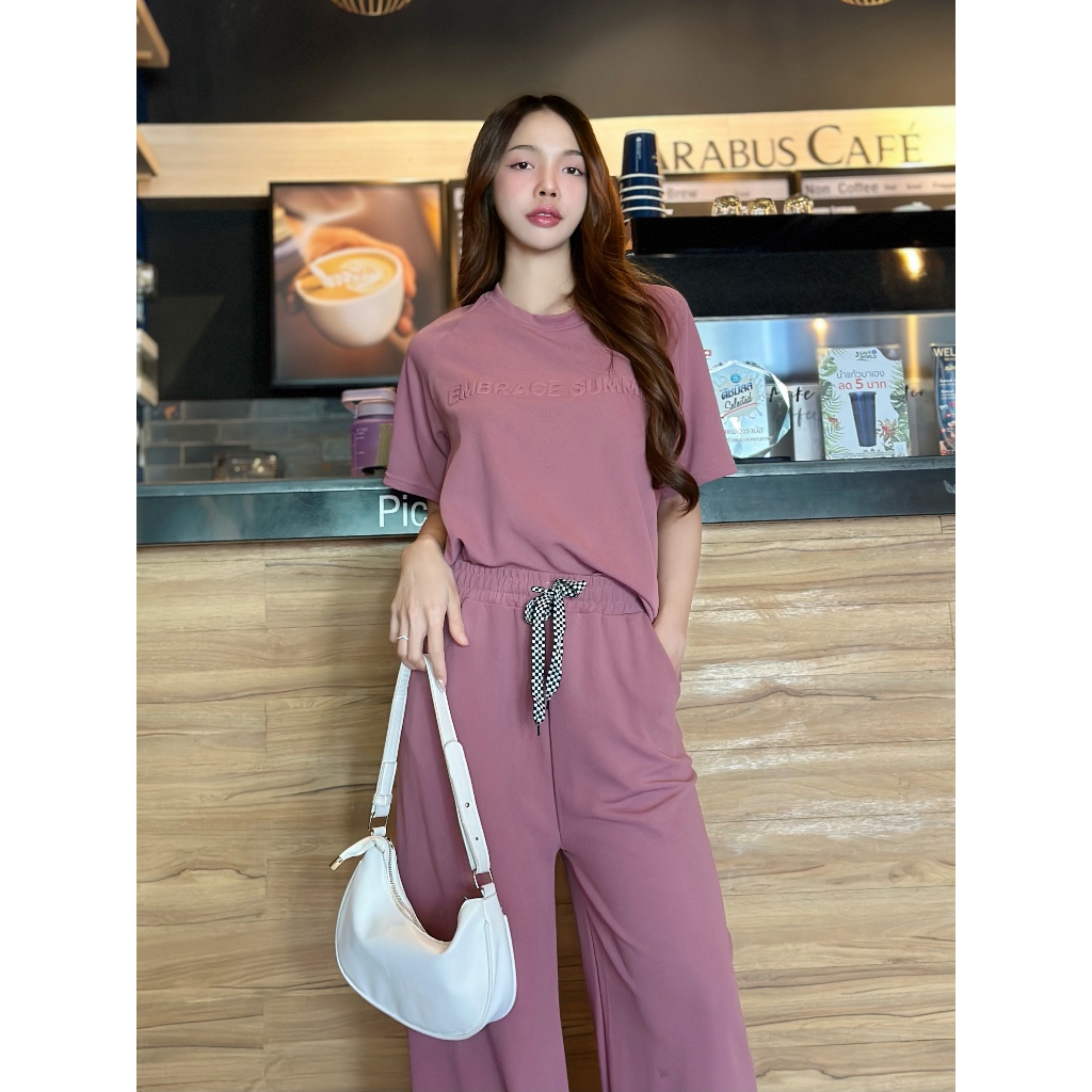 6 colors ชุดเซ็ท ผู้หญิง เสื้อ+กางเกงขายาว ไซส์ใหญ่ เสื้อยืดปักลายตัวอักษรนูน แฟชั่นผู้หญิงสไตล์เกาหลี เสื้อยืดลายTZ9984 - รูปที่ 7