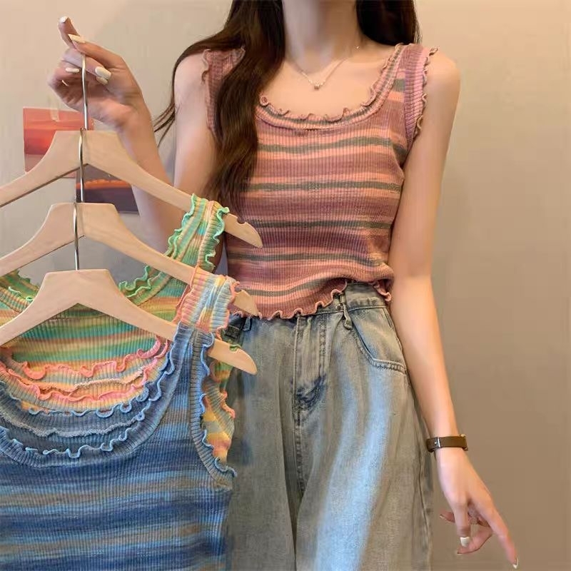 Vogue🌟พร้อมส่ง🌟 เสื้อกล้ามคอเหลี่ยมลายสายรุ้งเซ็กซี่ มีสไตล์และดูดี (65CX02)