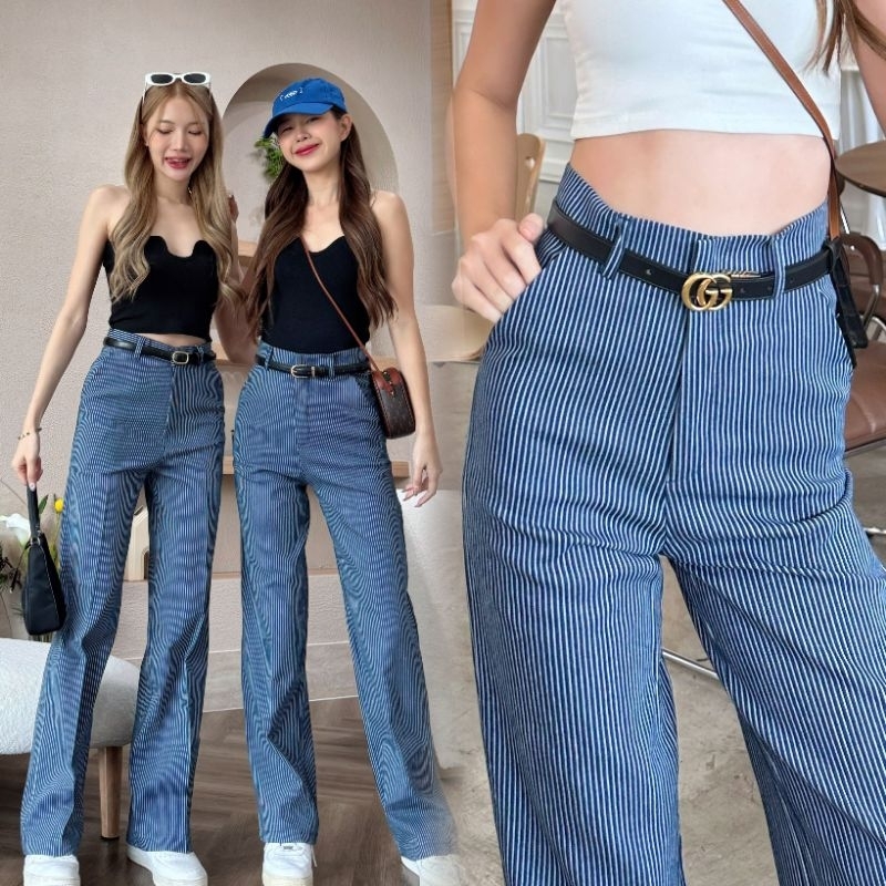 K2.Classy Pants กางเกงเอวสูงลายริ้วยีนส์