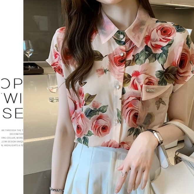 🌻Grace🌻  เสื้อชีฟอง เสื้อพิมพ์ลายแขนสั้นผ้าชีฟอง แฟชั่นสไตล์เกาหลีฤดูร้อน  สําหรับผู้หญิงW226 รูปที่ 2