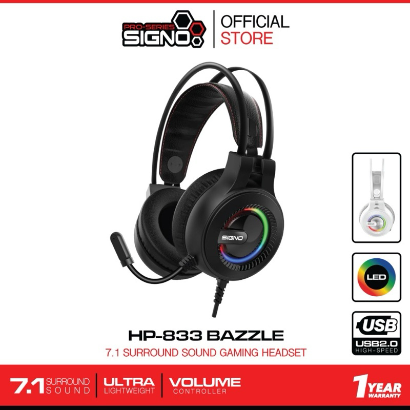 SIGNO HP-833 BAZZLE 7.1 Surround Sound Gaming Headphone หูฟังเกมส์มิ่ง หูฟังเล่นเกมส์ หูฟังมีไฟ led