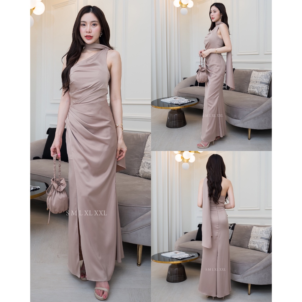 ชุดออกงาน ชุดเพื่อนเจ้าสาว ชุดราตรียาว koolykool(พร้อมส่ง S-2XL) เดรสไหล่เบี่ยงสไบเล็กพาดคอ kk065 รูปที่ 6