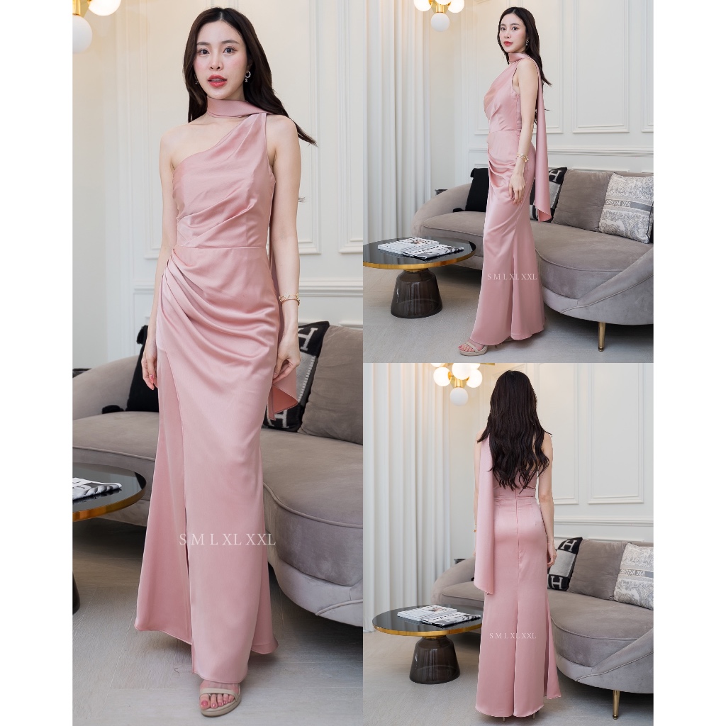 ชุดออกงาน ชุดเพื่อนเจ้าสาว ชุดราตรียาว koolykool(พร้อมส่ง S-2XL) เดรสไหล่เบี่ยงสไบเล็กพาดคอ kk065 รูปที่ 7