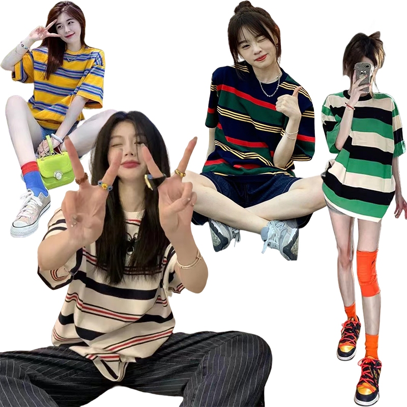 เสื้อยืดลายทางสวยๆผู้หญิงฤดูร้อนใหม่ Oversize เสื้อผ้าแฟชั่นวัยรุ่น เสื้อเสื้อโอเวอร์ไซต์แขนสั้นแบบหลวมสไตล์เกาหลี XXL