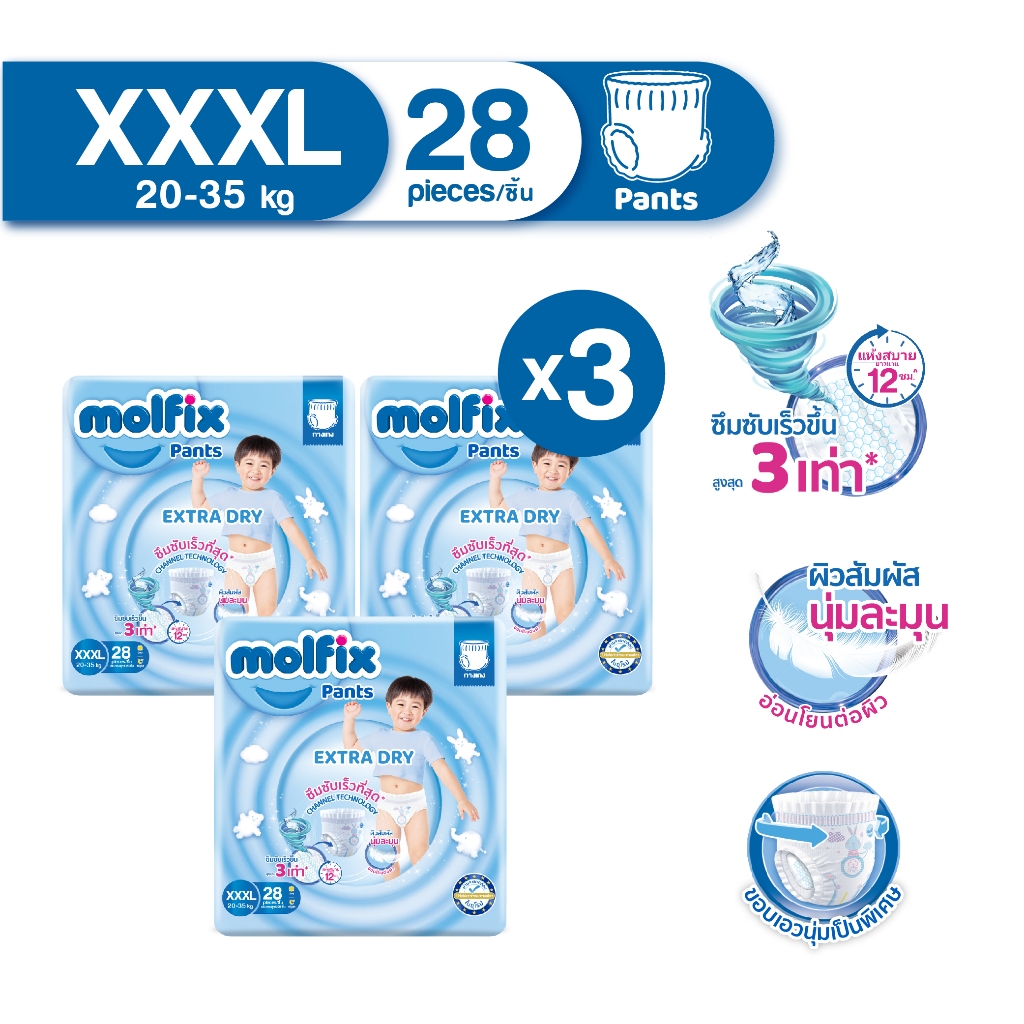 Molfix โมลฟิกซ์ เอ็กซ์ตร้า ดราย แพ้นส์ 3XL 28 ชิ้น SJ (ยกลัง)