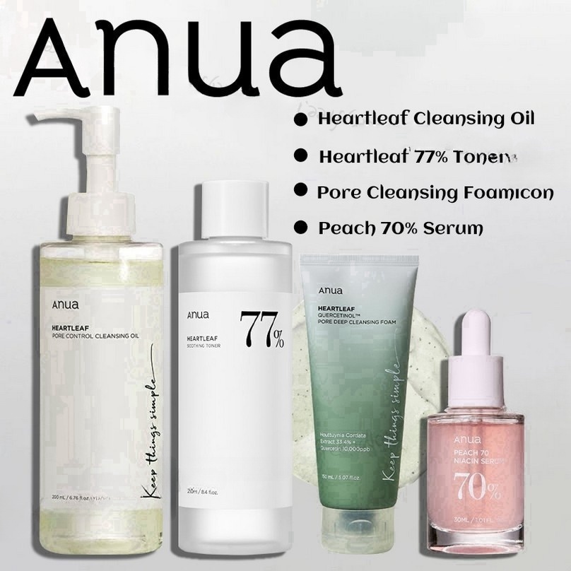4pcs anua sets/Anua Peach Serum 30ml/ Cleansing Foam 150ML/Anua Cleansing Oil 200ML/Anua 77% Soothing Toner 250ML