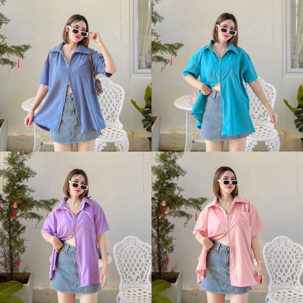 พร้อมส่ง A2153 (ตู้13 No.1-8)  เสื้อผ้าครัชแขนสั้นซิปหน้ากระเป๋าหน้ากระดุมหลัง Oversize