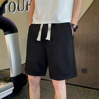 กางเกงขาสั้นผู้ชาย เอวยางยืด มีเชือก ลําลอง ทรงหลวม สวมใส่สบาย แฟชั่นสําหรับผ้าแจ็คการ์ดเนื้อหนา