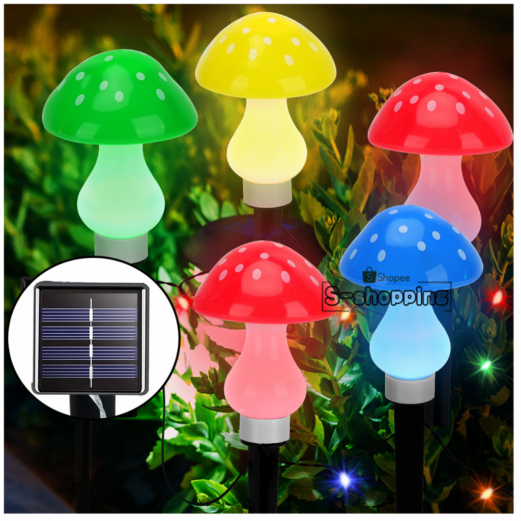 ไฟเหลือง solar light โคมไฟเห็ด 5 หัว ไฟสนาม ไฟ 8 โหมด โคมไฟพลังงานแสงอาทิตย์สำหรับตกแต่ง