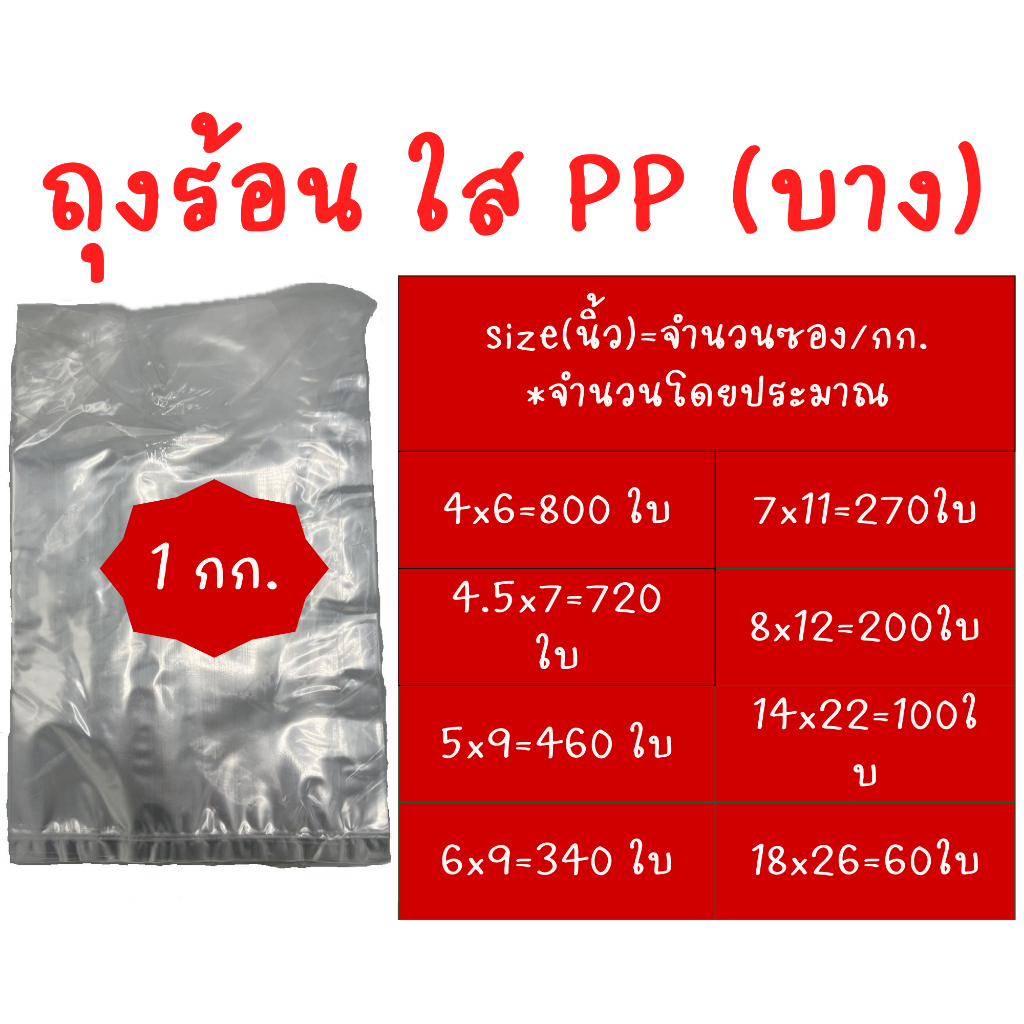 ถุงใสใส่อาหาร ถุงพลาสติกใส ถุงแกง ถุงร้อนใส PP (บาง) 1 กิโลกรัม 4x6นิ้ว-18x26นิ้ว