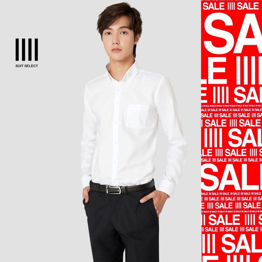 SUIT SELECT Button Down Dobby Shirt (White) เสื้อเชิ้ตผู้ชายสีขาว ทรงสลิม เสื้อเชิ้ตทำงาน