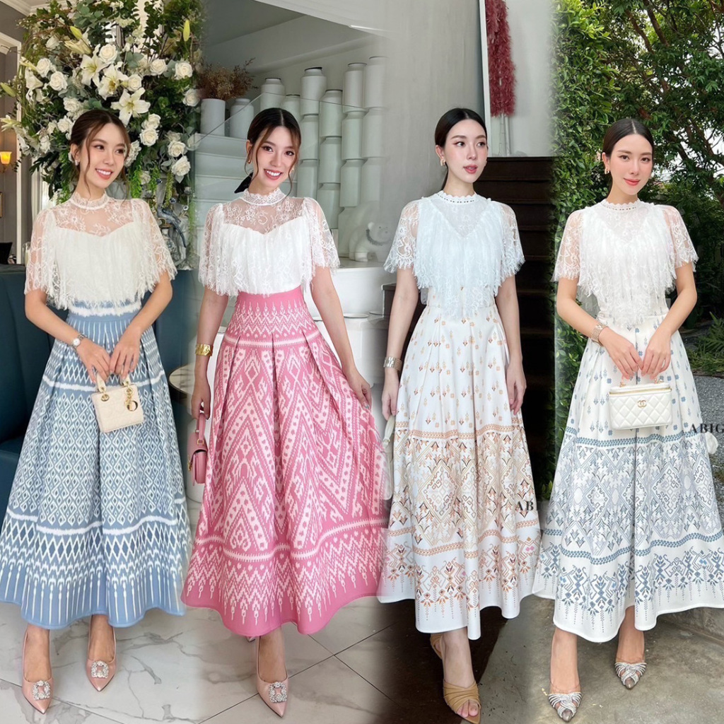S-XL ชุดไทยประยุกต์ ใส่ทำบุญ เซท2 ชิ้น เสื้อลูกไม้ขาว+กระโปรงพิมพ์ลายไทย สีเทา ชมพู ครีมทอง  #Abigail