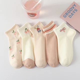 พร้อมส่ง : ถุงเท้า 5 คู่ ข้อสั้น ลายเชออรี่ โทนสีพีชครีม สวยน่ารัก เนื้อผ้านุ่ม