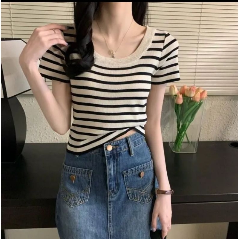 เสื้อยืดไหมพรม ลายทางงง อก34-42