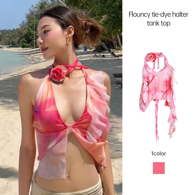 สไตล์วันหยุด Ruffle Edge Camisole Patchwork Tie-dye Top ฤดูร้อนเปลือยแขวนคอด้านบน