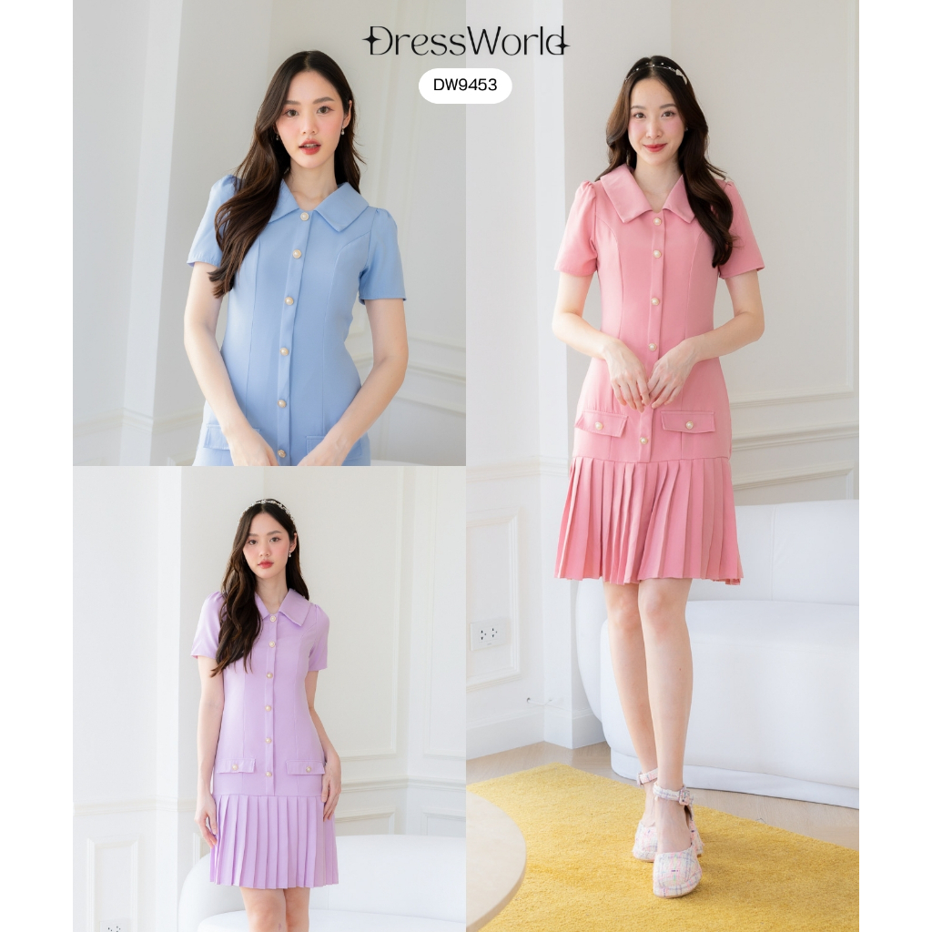 Fairyangelstore - เดรสคอปกกระดุมมุกกระโปรงพลีท (DW9453)