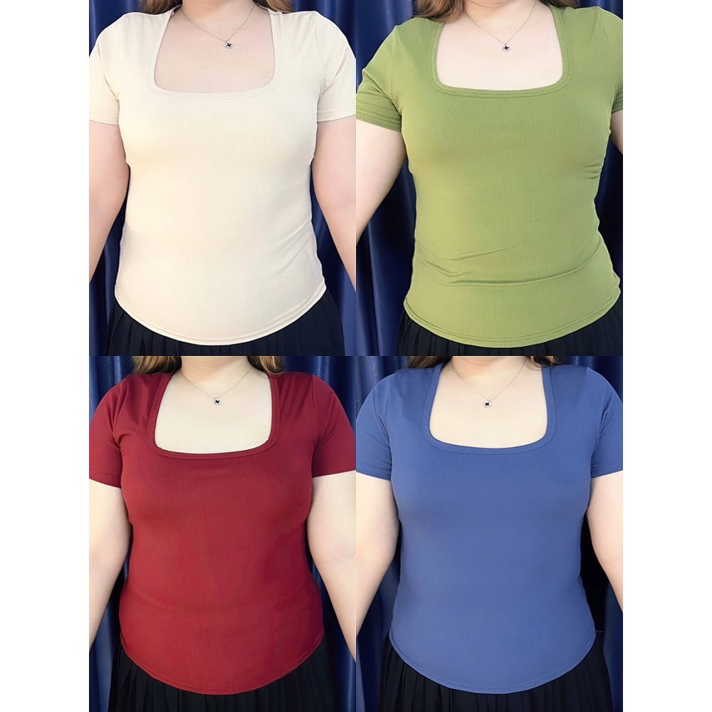 LeiLa clothing แฟชั่น เป็นที่นิยม คอเหลี่ยม เสื้อยืดคอเหลี่ยมแขนสั้น เนื้อผ้าพรีเมี่ยม377（ฟรีไซส์ ）รอบอก32-42นิ้ว