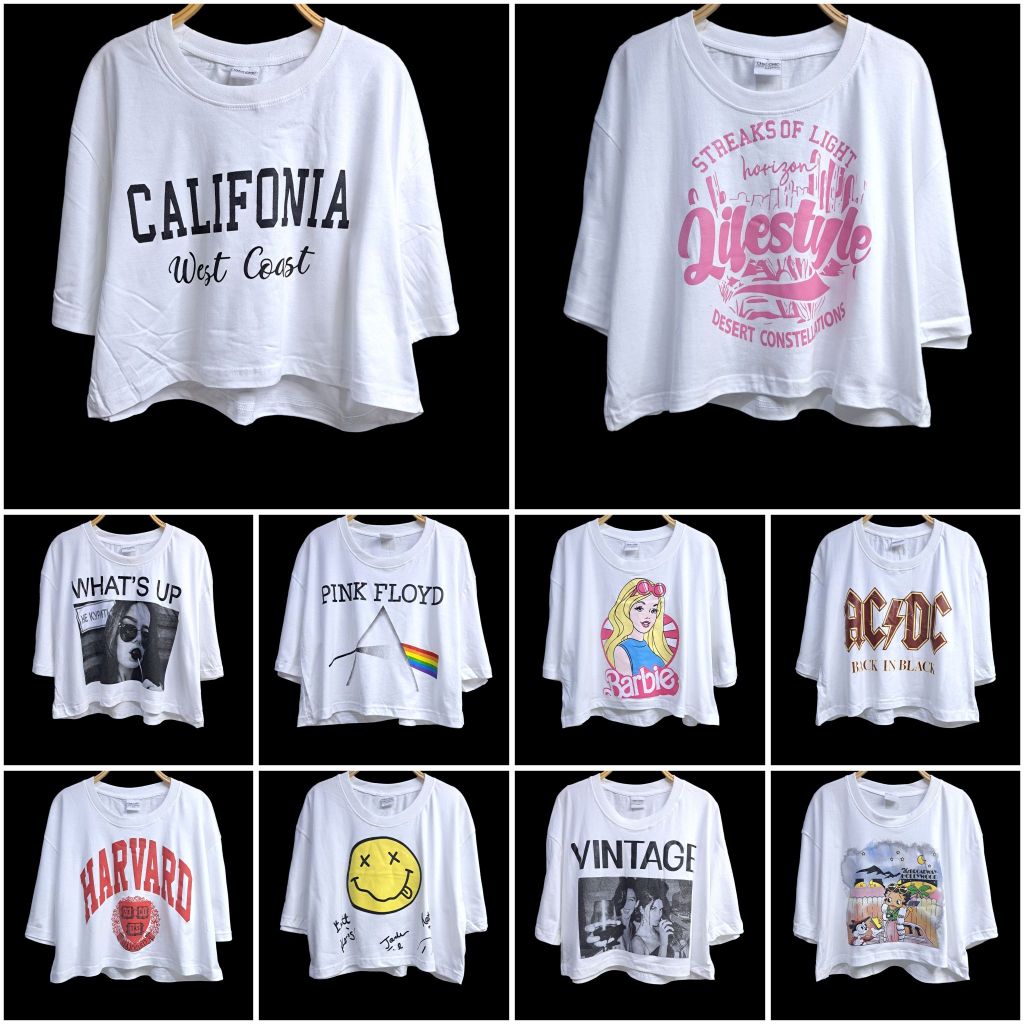 เสื้อครอปสีขาว อก44-46" ยาว18" ลายน่ารัก ผ้าคอตตอน สินค้ามือหนึ่ง