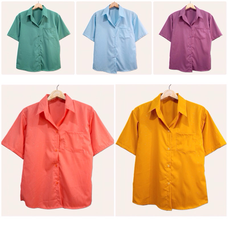 (อก 42”) เสื้อเชิ้ต เเขนสั้น ผ่าหน้า สีพื้น ติดเพชร ผ้าไหมอิตาลี ไม่ต้องรีด