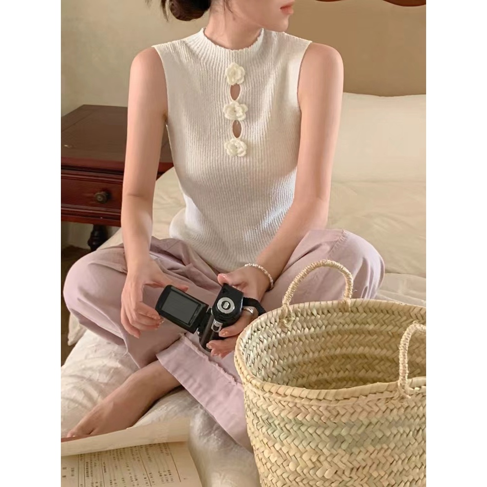 (พร้อมส่ง/ใหม่)#Y9807เสื้อกั๊กผู้หญิงฤดูร้อนChic Slimสั้นเสื้อยืดแขนกุดHollow Off-ไหล่topสไตล์จีนใหม่สามมิติRose