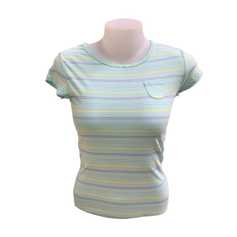 เสื้อยืดคอกลม (XX12) แขนสั้น ผู้หญิง สีฟ้า ลายขวาง กระเป๋าจิ๋ว มีตำหนิ ☁️พร้อมส่ง☁️