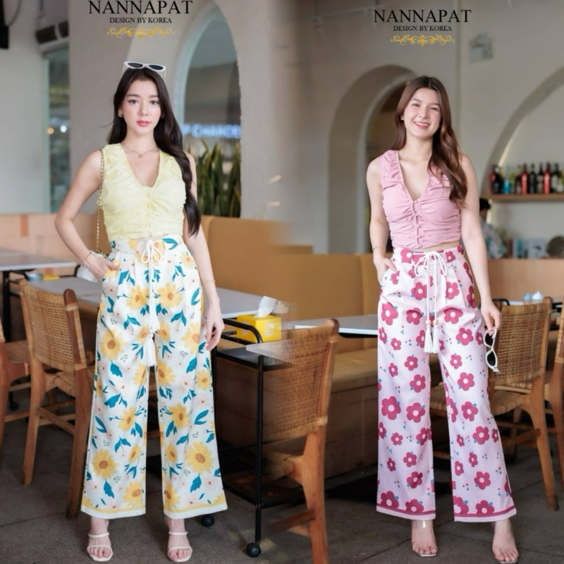 M5 งานป้าย Nannapat Set ชุดเซ็ทกางเกงขายาวลายดอก สำหรับผู้หญิง เสื้อผ้าแฟชั่นผู้หญิง ไซส์ S-XL