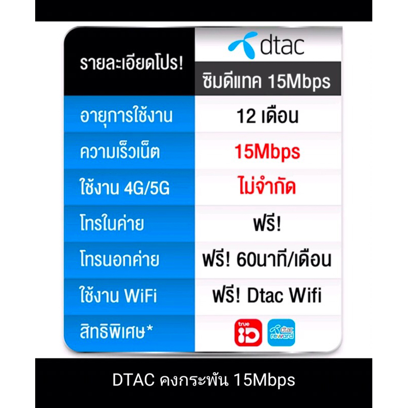 ส่งต่อ [ซิมเน็ตรายปี] โทรฟรีทุกเครือข่าย Dtac ซิมคงกระพัน 15Mbps / Dtac ไม่อั้น ไม่ลดสปีดโทรฟรีทุกเครือข่าย 60นาที/เดือน
