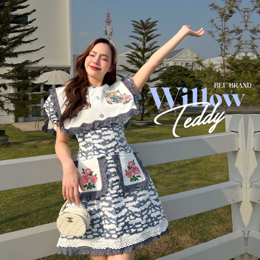 MYT x BLT BRAND : [BT349] : Willow Teddy Mini Dess : มินิเดรสสั้นปกเหลี่ยมแต่งลูกไม้ ชุดเที่ยวคาเฟ่