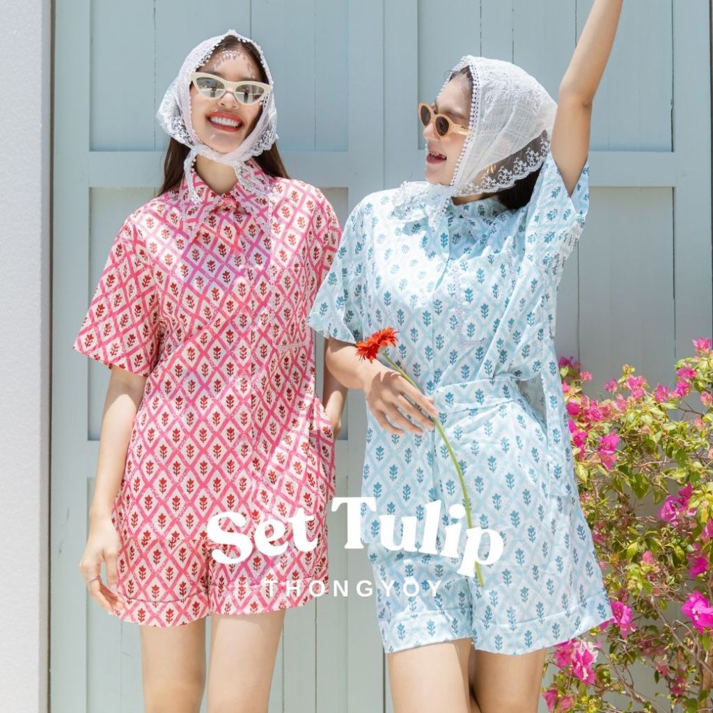 THONGYOY-Set Tulip เสื้อเชิ้ตเเขนสั้น&กางเกงขาสั้น ขายทั้งเซตเเละขายเเยกชิ้น ชุดเซตไปคาเฟ่ ชุดใส่เที่ยว ชุดไปทะเล