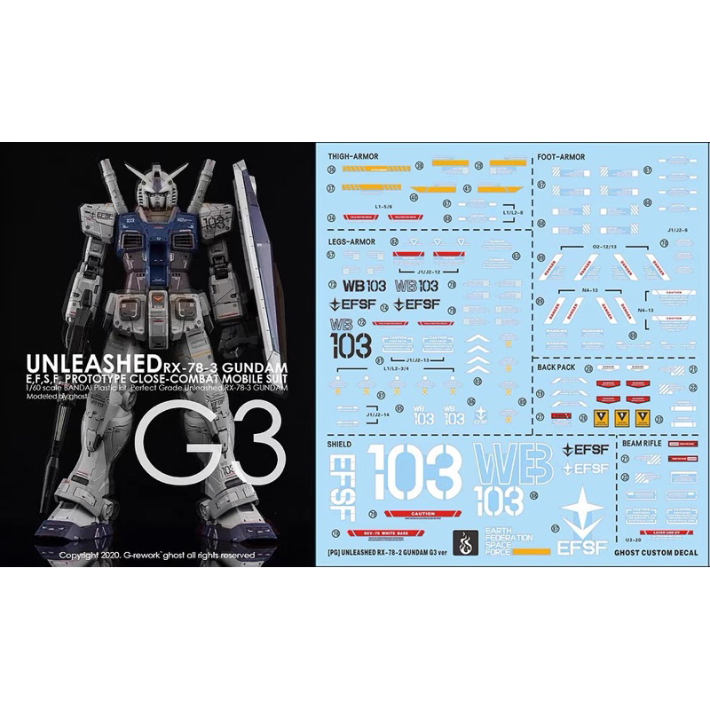 ดีคอลน้ำ DECAL [GHOST] PG 1/60 UNLEASHED RX78-2 G3 สะท้อนแสงแบล็คไลด์