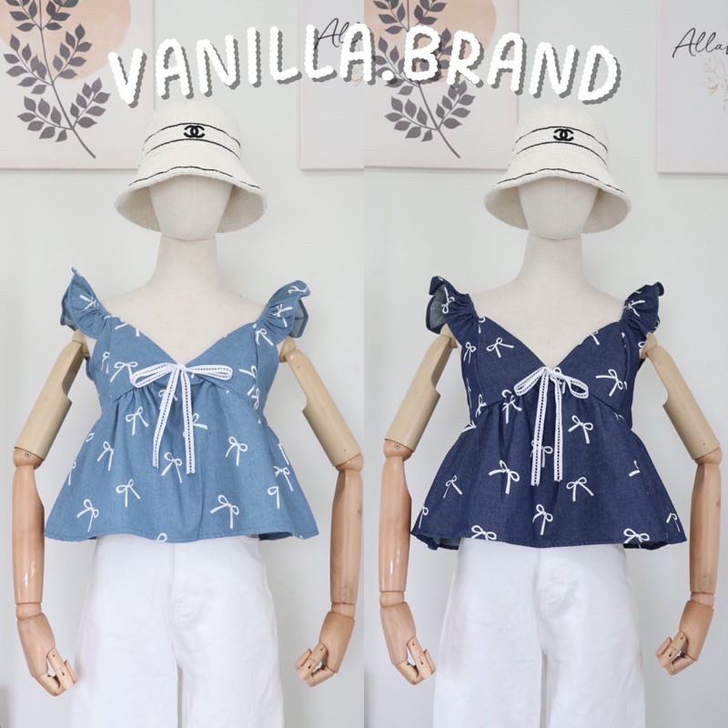 เสื้อสายเดี่ยวแขนระบาย ผ้ายีนส์อย่างดี -kn / VB0395