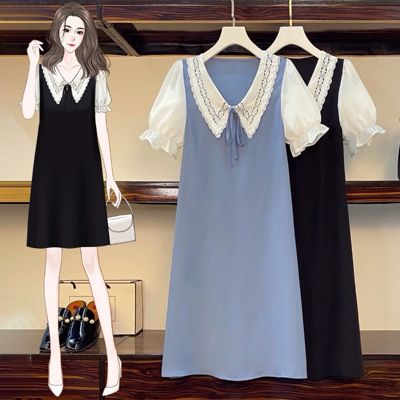 BL138/BU139 เดรสพร้อมส่ง สีดำ สีฟ้า คอปก มีระบายลูกไม้แต่งรอบคอ แต่งเชือกผูกโบว์ แขนสีขาวจั๊มระบาย เนื้อผ้าดีใส่ไม่ร้อน