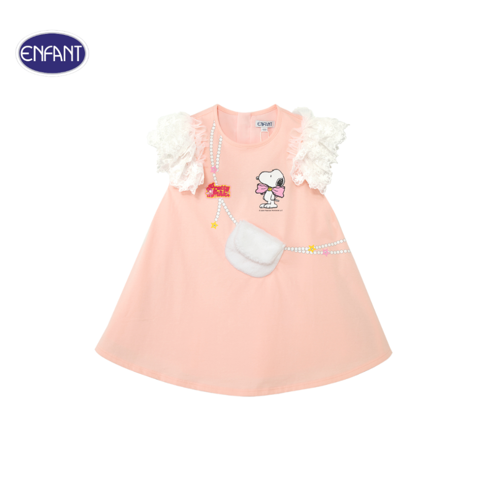 ENFANT (อองฟองต์) ชุดเสื้อกระโปรงแขนระบาย สำหรับเด็กอายุ 4-6 ปี คอลเล็กชั่น สนูปี้ ผ้าคอตตอน 100% สีชมพู