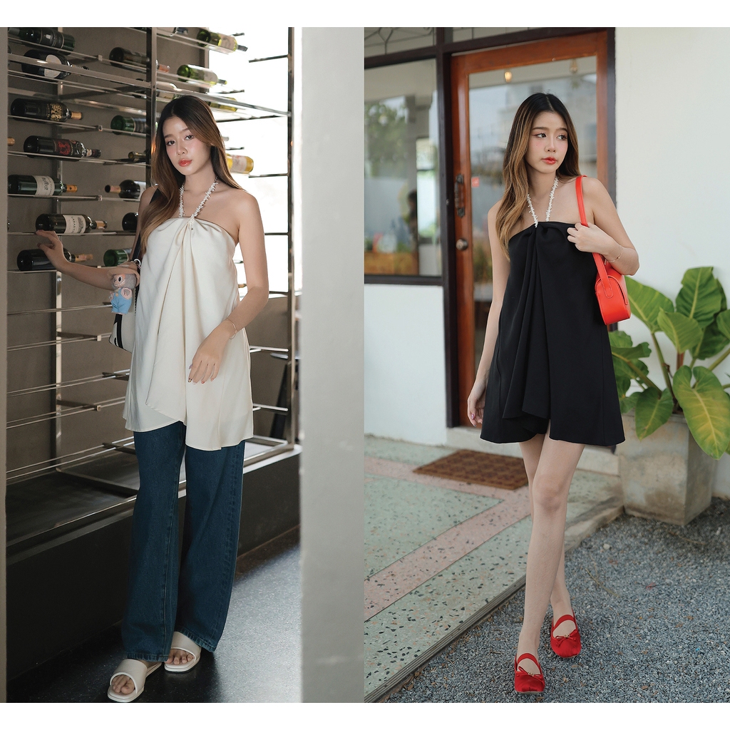 [Sale ปกติ 690 เหลือ 200 บาท] T0122965 เสื้อตัวยาวคล้องคอสร้อยหิน มี 2 สี : ขาว , ดำ - NUMBERSEVEN