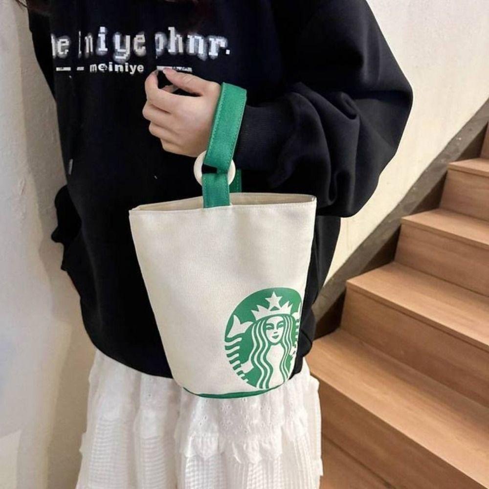 กระเป๋าถือ กระเป๋าช้อปปิ้ง ผ้าแคนวาส ลาย Starbucks McDonald's ทรงโท้ท น่ารัก สไตล์เกาหลี สําหรับเดินทาง