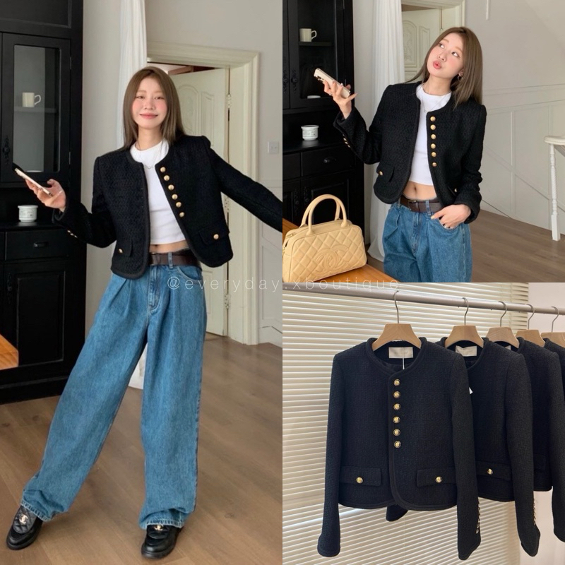 พร้อมส่ง ji won tweed blazer เสื้อคลุมแขนยาว งานผ้าทวีด ติดกระดุมสีทอง ทรงสวย ดูแพง เรียบหรู สไตล์ลูกคุณ old money