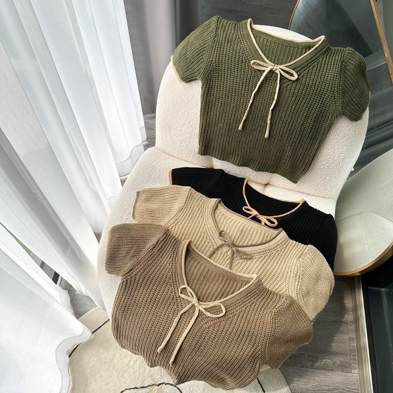 BOW 2TONE 🎀 เสื้อครอปไหมพรหม ผูกโบว์🔥พร้อมส่ง