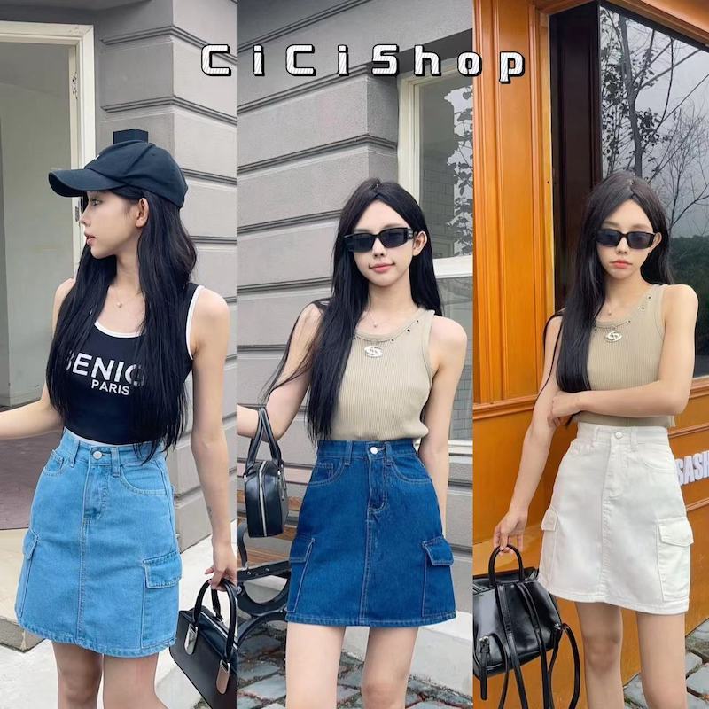 Cicishop(208)กระโปรงยีนส์คาโก้ทรงเอ ไม่มีซับใน ผ้าดีมาก สวยเก๋เรียบง่าย