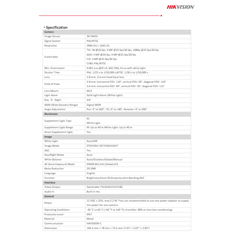 HIKVISION COLORVU 3K กล้องวงจรปิด รุ่น DS-2CE12KF0T-FS , DS-2CE12KF0T-LFS 3.6mm 2ตัว
