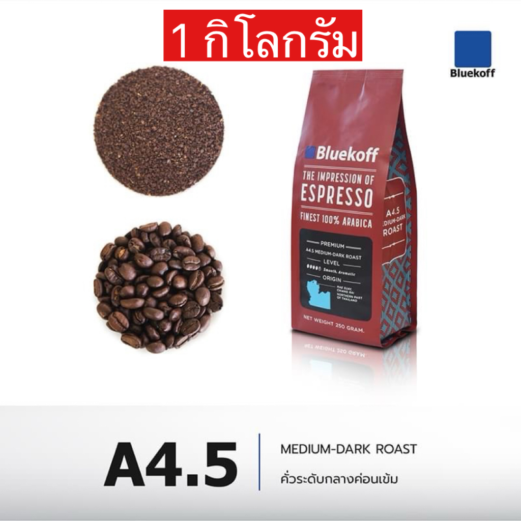 (1 กก.) Bluekoff A4.5 เมล็ดกาแฟไทย อราบิก้า 100% คั่วกลางค่อนเข้ม (Medium-Dark Roast) บรรจุ 250 กรัม x 4
