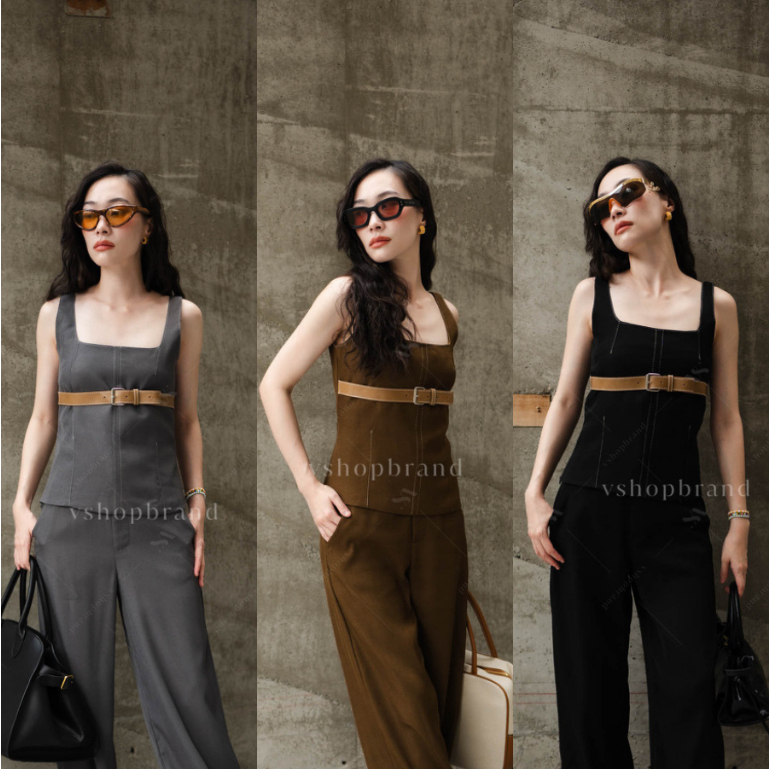พร้อมส่ง Set เสื้อกล้ามเข็มขัดอก + กก.ขายาว ขอบเอว งานป้าย vshop