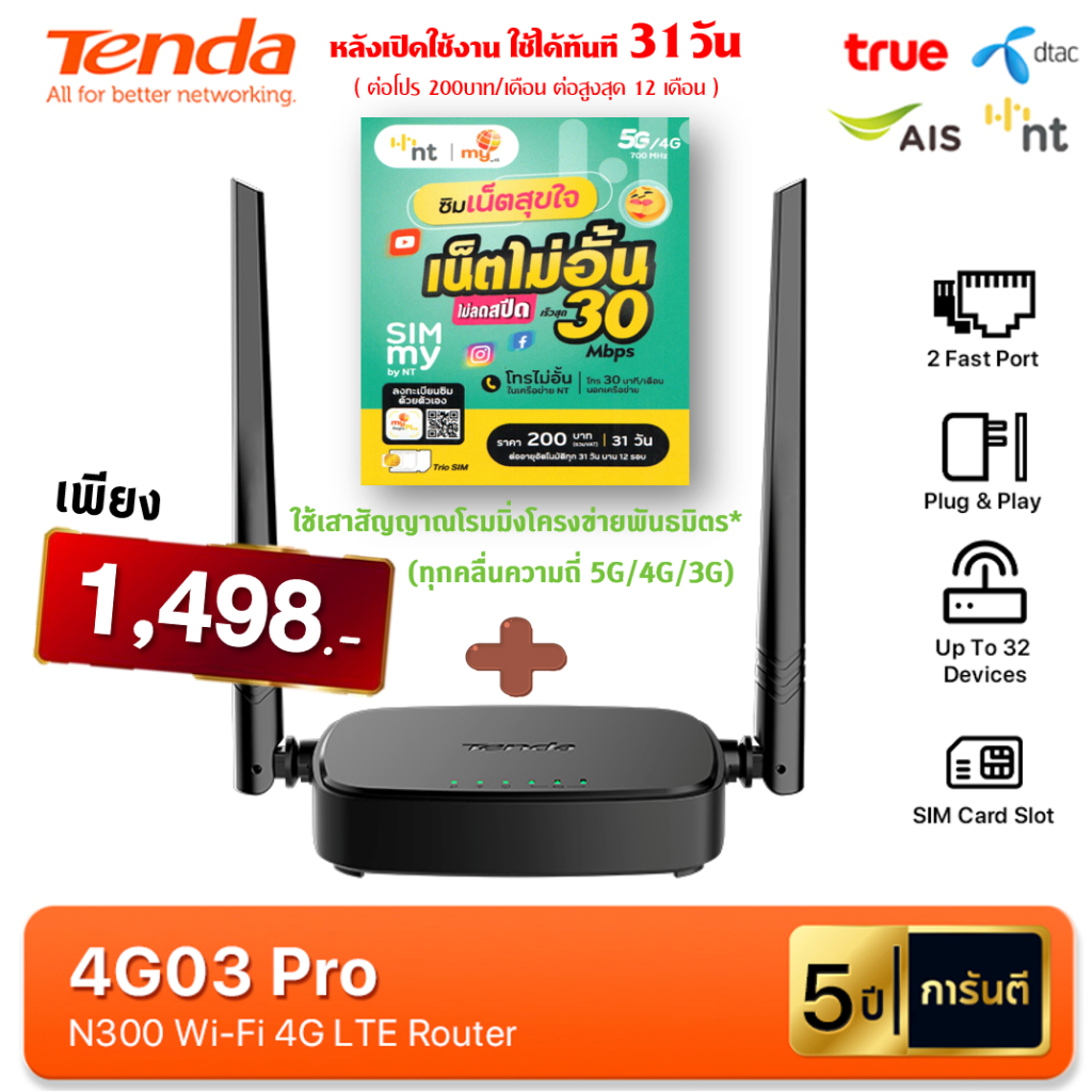Tenda 4G03 Pro เราเตอร์ใส่ซิม 4G Router ฟรี ซิมmy 30Mbps ไม่ลดสปีด ฟรีเดือนแรก ต่อโปร 200บาท/เดือน คล้าย TP-Link MR100