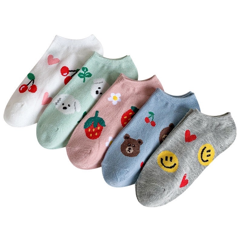 พร้อมส่ง ถุงเท้าข้อสั้น ลาย SMILE 5 สี สไตล์เกาหลี (1 เซต มี 5 คู่)