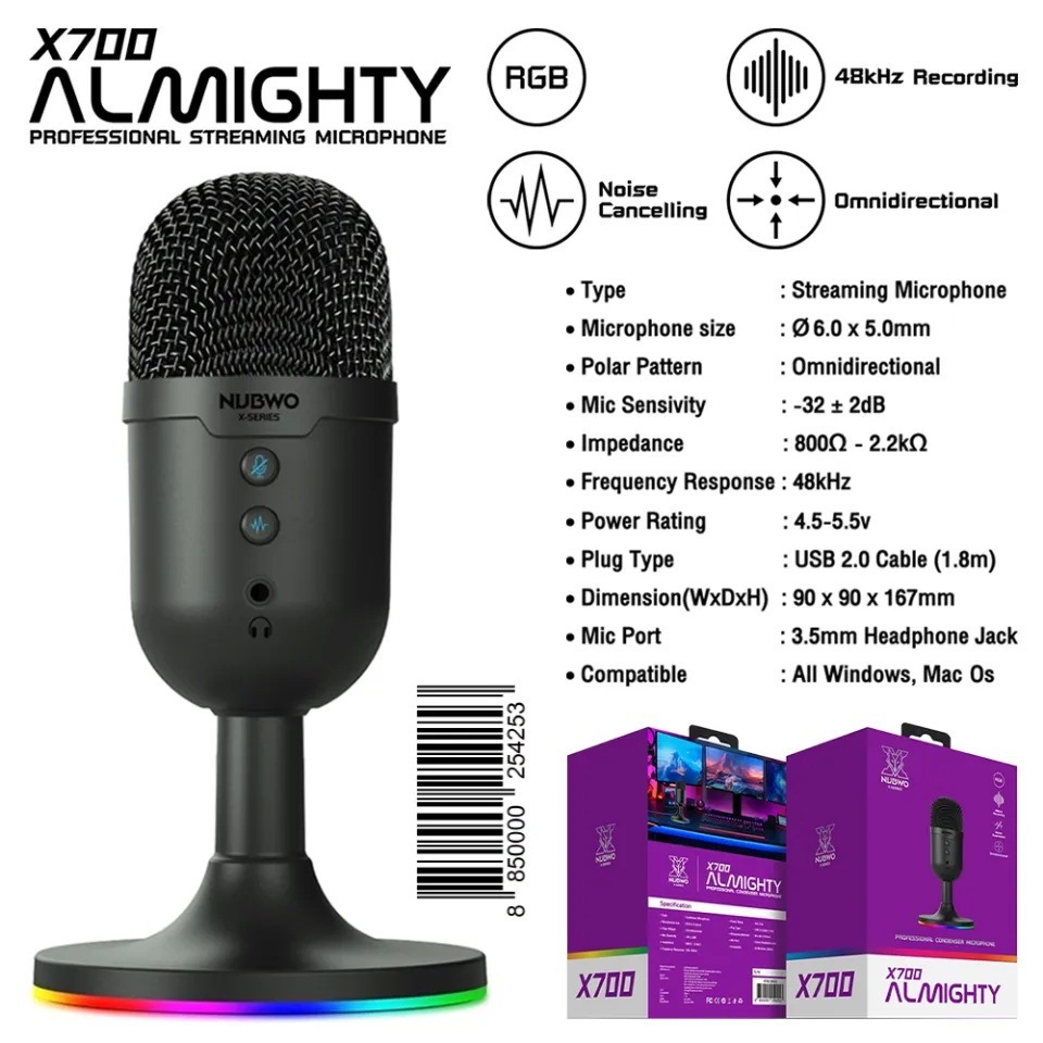 ไมค์ตั้งโต๊ะ NUBWO X700 ALMIGHTY Microphone ไมโครโฟนขนาดเล็กสำหรับแคสเกมส์ สตรีมมิ่ง อัดเสียง มีไฟ R